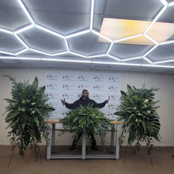 Three large green floral sprays on stands in a room