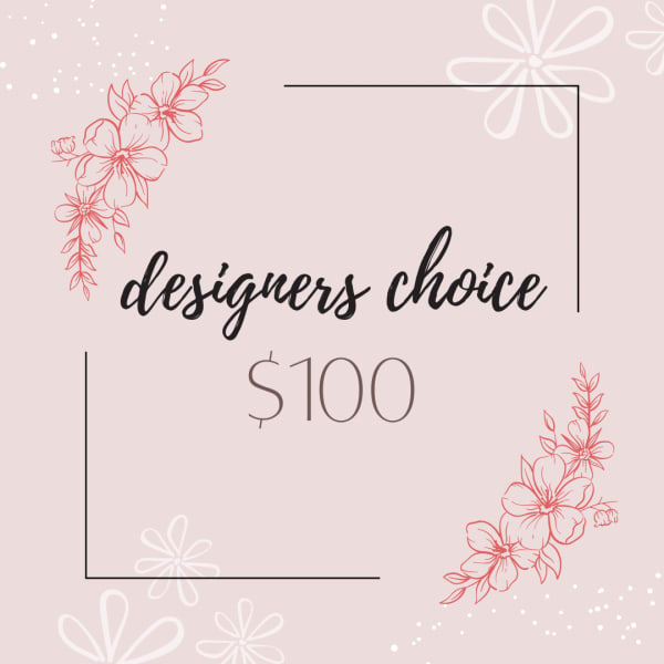 Pink designer's choice gift card with floral line art and $100 text