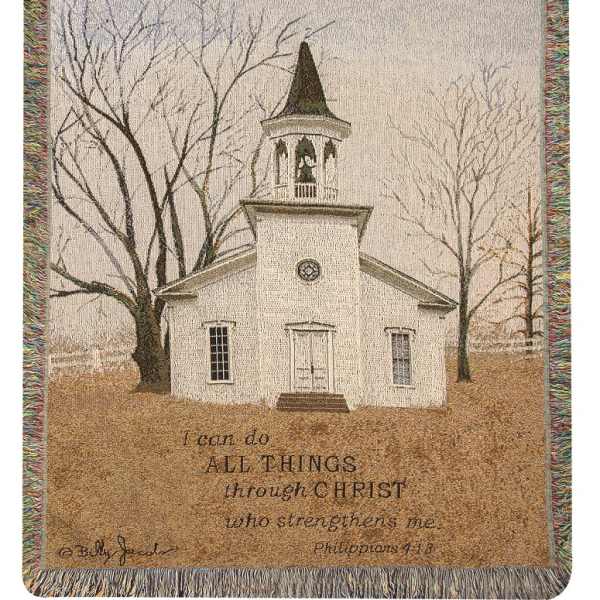 Woven throw blanket with a church scene and Bible verse text