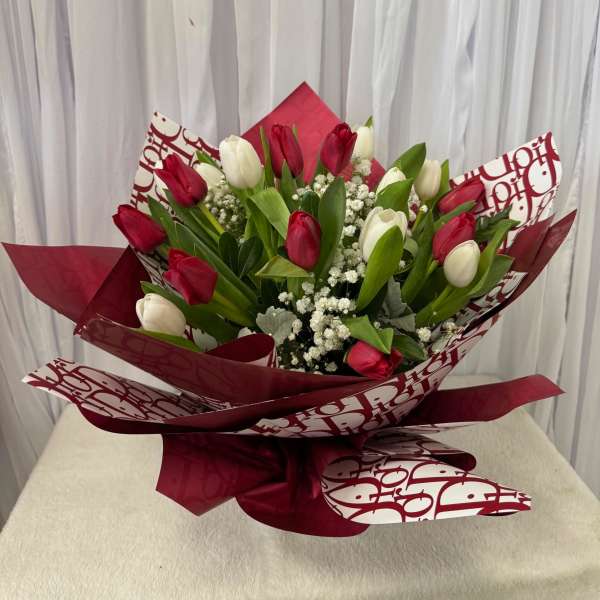 Bouquet of red and white tulips wrapped in burgundy paper