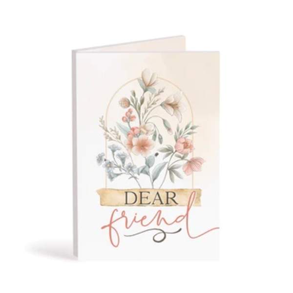 Greeting card with floral illustration and the words Dear friend