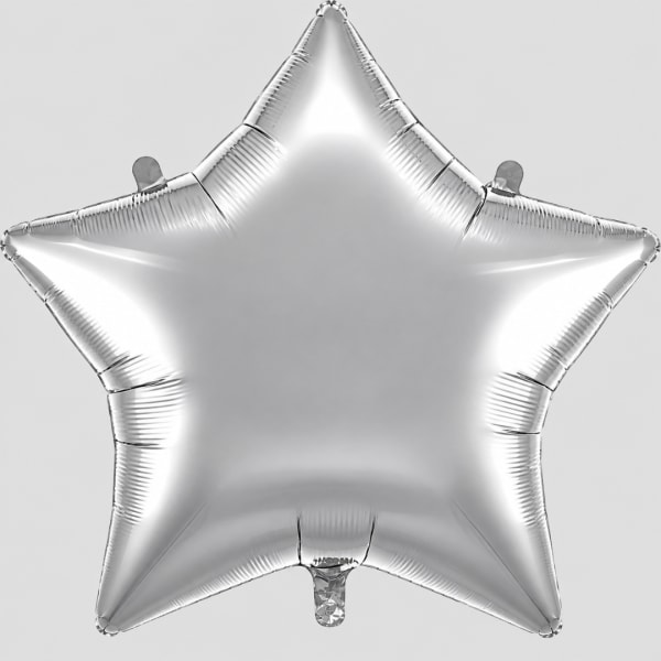 Silver star-shaped foil balloon on a plain background