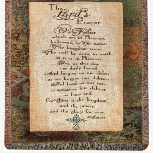 Decorative prayer text printed on a woven wall hanging