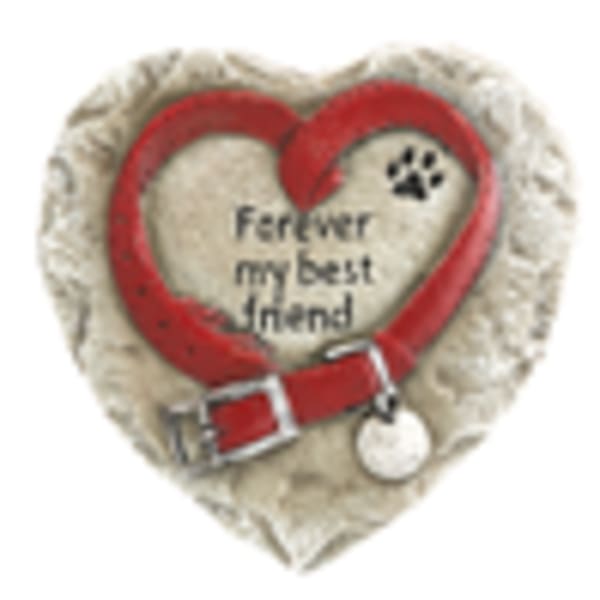 Heart-shaped pet memorial plaque with a red collar and paw print