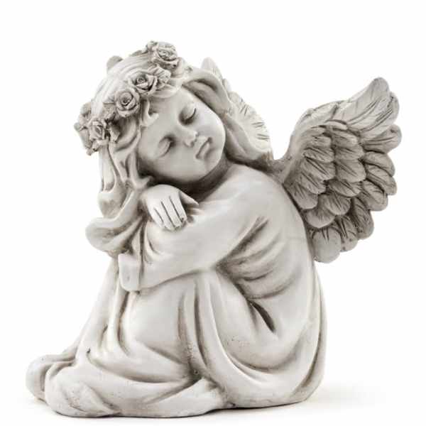 Stone angel figurine with flower crown and wings
