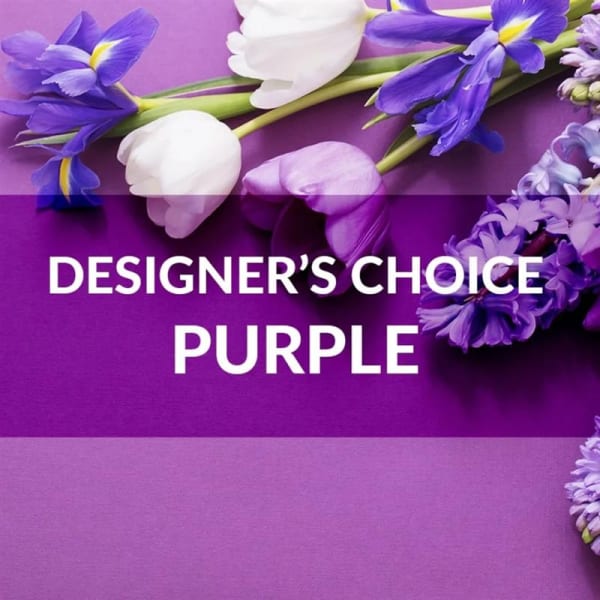 Purple flowers arranged around the words "Designer’s Choice Purple"