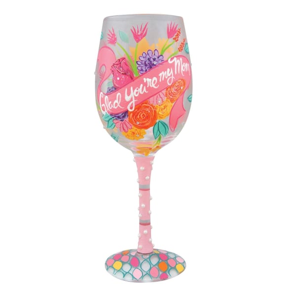 Decorative wine glass-shaped gift item with floral print and pink stem