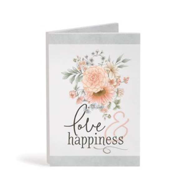 Greeting card with pastel flowers and the words love and happiness