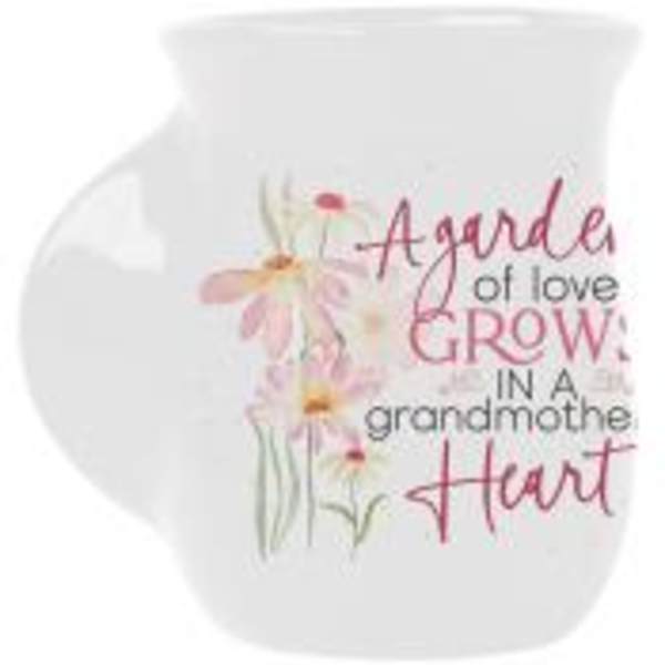White mug with floral text reading "A garden of love grows in a grandmother's heart"