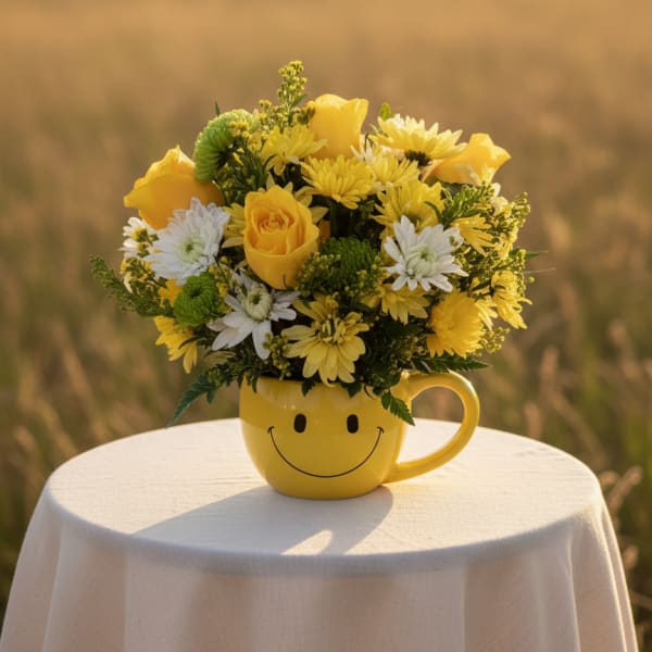 Yellow and white flower arrangement in a smiley-face mug