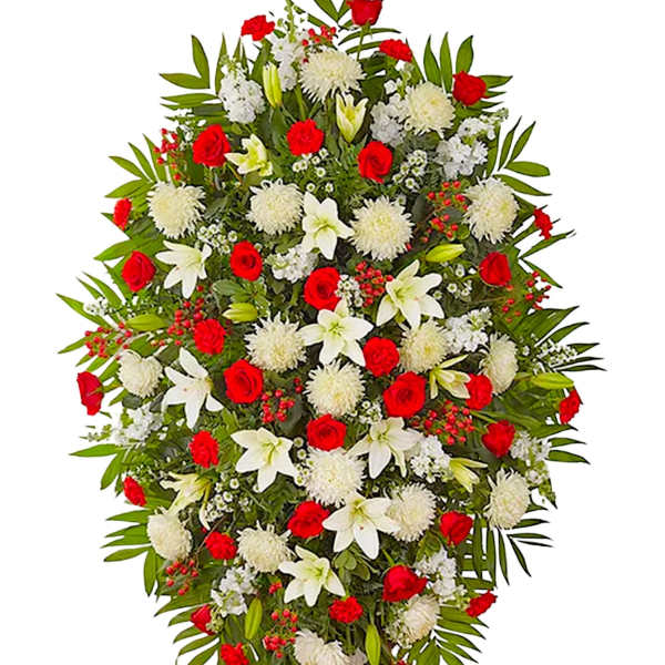 Standing spray of red roses, white lilies, and white mums