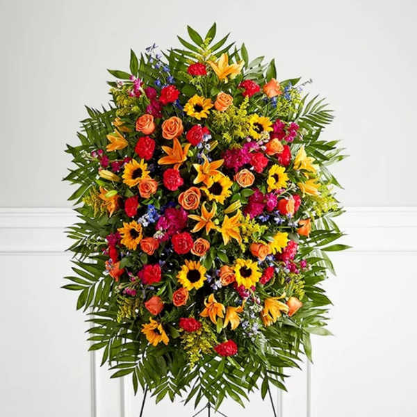 Large standing floral spray with sunflowers, roses, lilies, and carnations