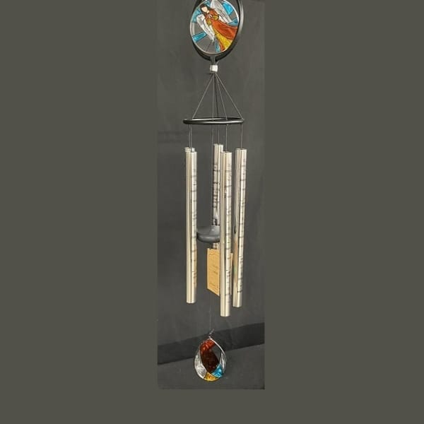 Hanging metal wind chime with stained-glass accents