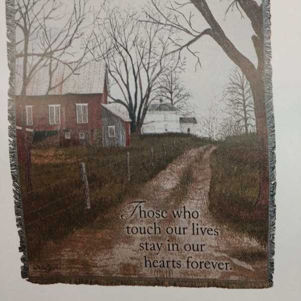 Fringed memorial throw with a farmhouse scene and sympathy quote