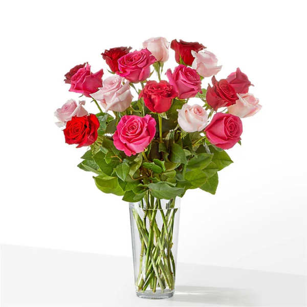 Bouquet of pink, red, and white roses in a clear glass vase