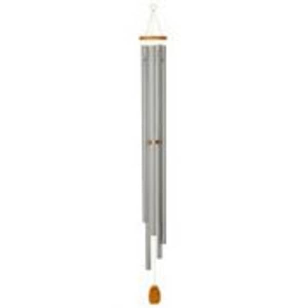 Tall silver wind chime with hanging tubes and a wooden striker