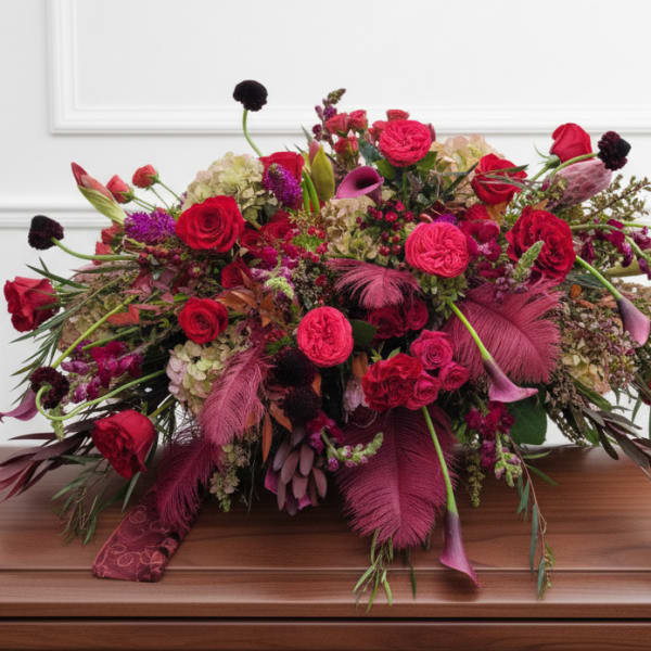 Large red and magenta floral arrangement with calla lilies and roses
