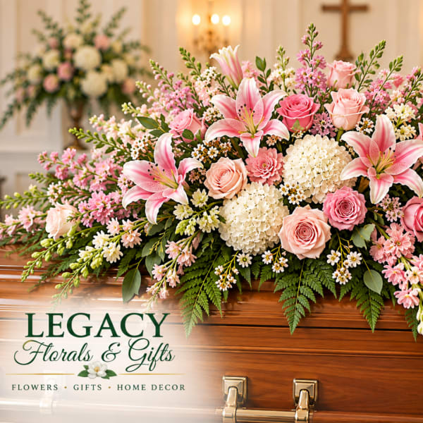 Pink and white floral casket spray with lilies, roses, and hydrangeas
