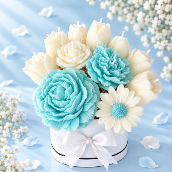 Blue and white flower-shaped candles in a white gift box with ribbon