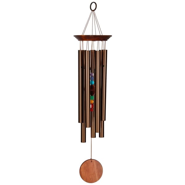 Copper wind chime with colorful beads and a wooden pendulum