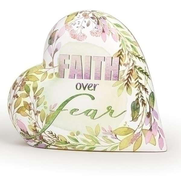 Heart-shaped decorative sign with floral border and the words Faith over Fear
