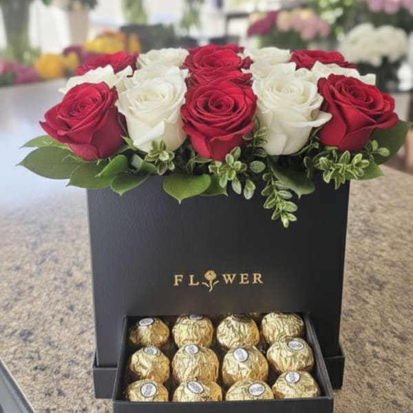 Lovely roses in Box with Chocolates (RED & WHITE)