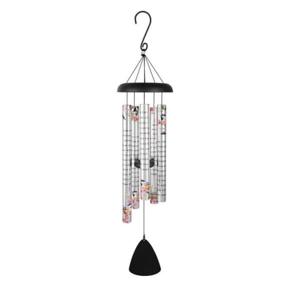 Black hanging wind chime with printed floral tubes and a clapper