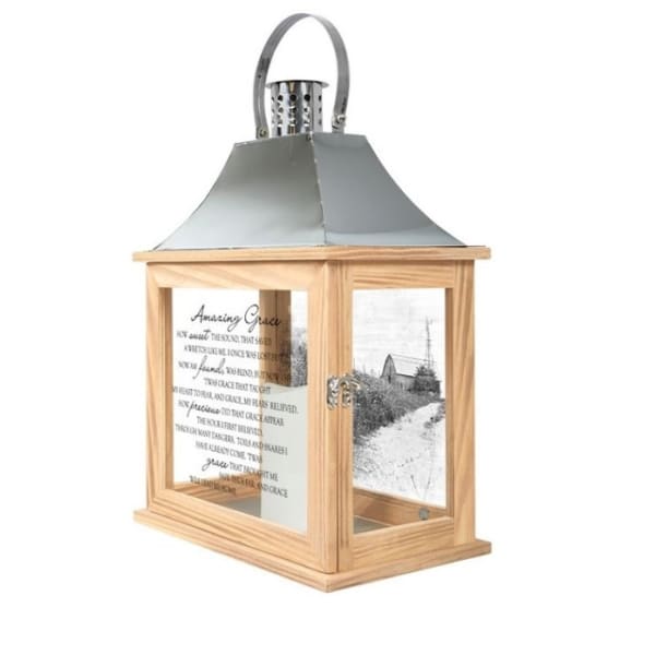 Wood and metal memorial lantern with Amazing Grace text on glass panel