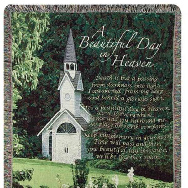 Memorial blanket with a church and the words "A Beautiful Day in Heaven"