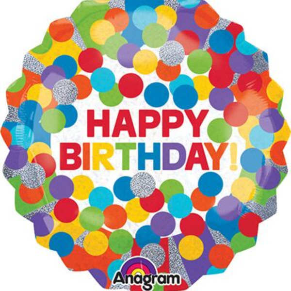 Round birthday balloon with colorful polka dots and "Happy Birthday" text