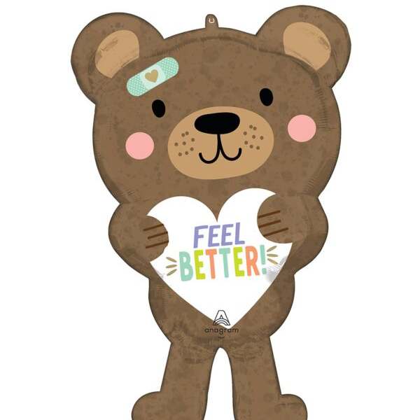 Brown teddy bear-shaped balloon holding a "Feel Better" sign