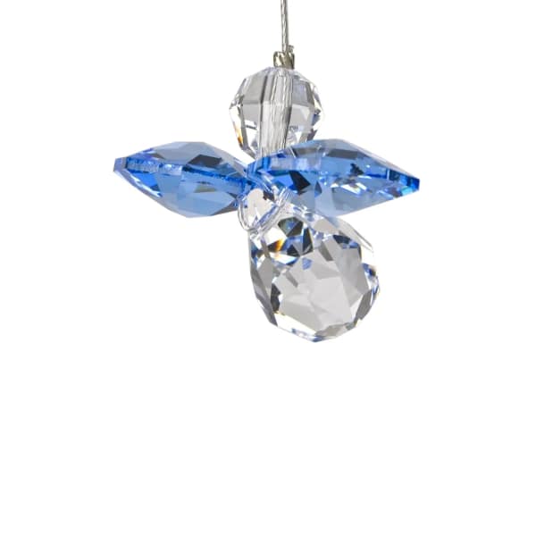Blue and clear faceted crystal angel ornament hanging by a cord