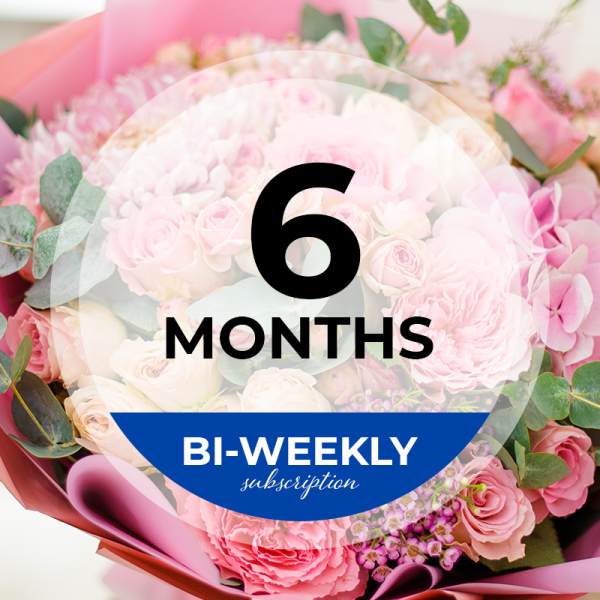 Pink rose bouquet with a 6 months bi-weekly subscription badge