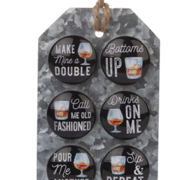 Hanging wooden sign with six drink-themed round plaques