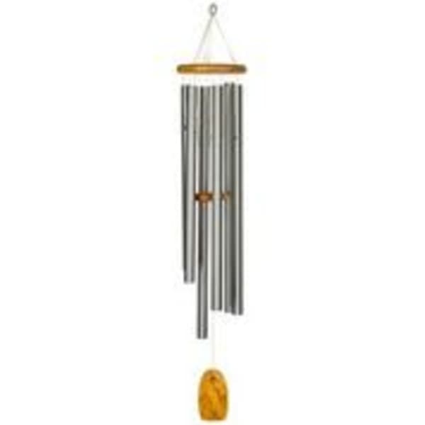 Hanging metal wind chime with a small gold-toned ornament