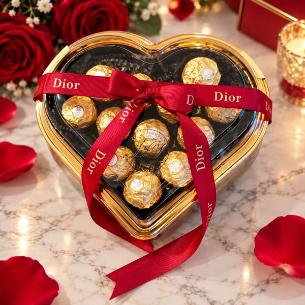 Heart-shaped box of gold-wrapped chocolates tied with a red Dior ribbon