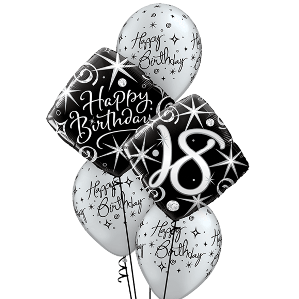 Cluster of black and white birthday balloons with "18" on one balloon