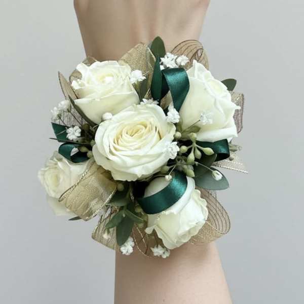 White Rose Corsage with Emerald Green & Gold Ribbon