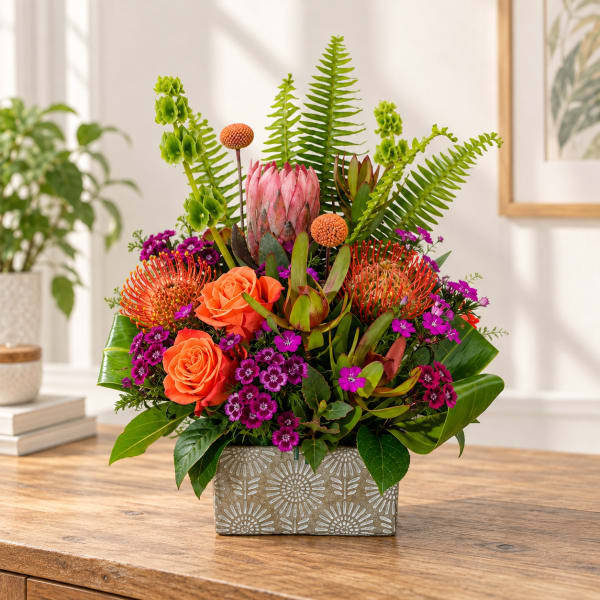 Tropical floral arrangement with orange roses in a patterned rectangular vase