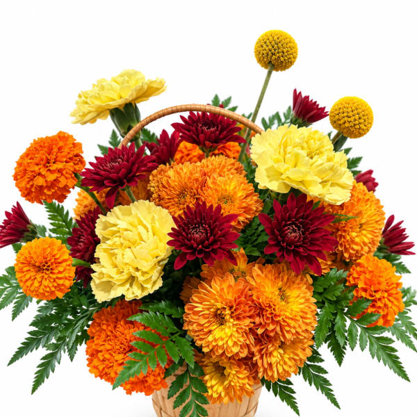 Basket arrangement of orange, yellow, and burgundy flowers