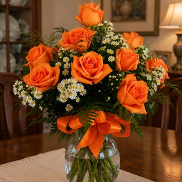 Orange roses and white daisies in a clear glass vase with an orange ribbon