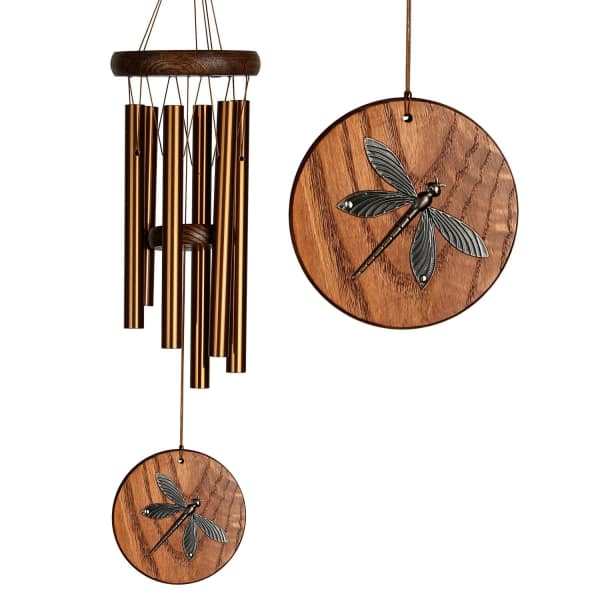 Wooden wind chime with bronze tubes and dragonfly plaques