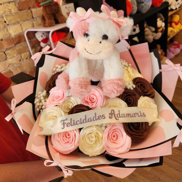 Plush teddy bear bouquet with pink and cream roses