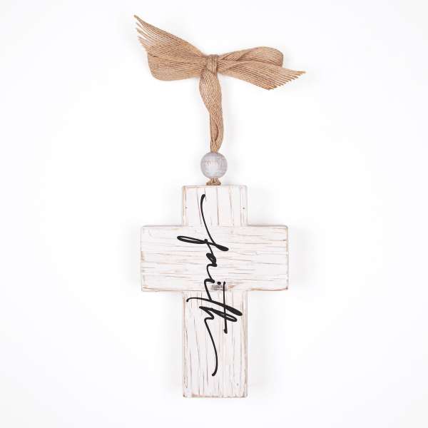 White wooden cross ornament with a tan bow and black script
