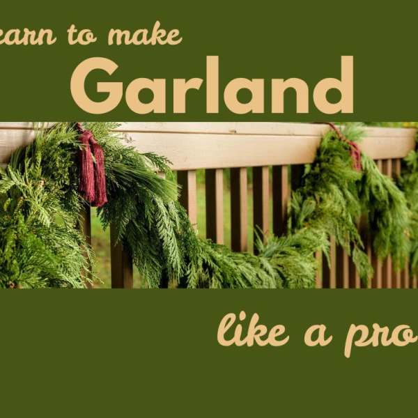 Green garland draped over a wooden railing with text overlay