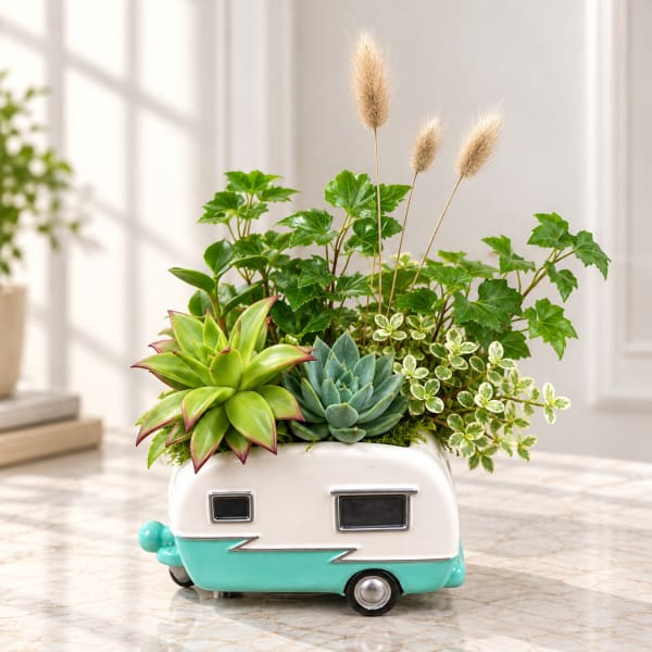 Succulent and foliage arrangement in a turquoise camper-shaped planter