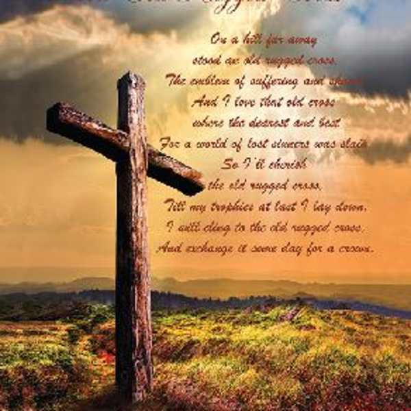 A wooden cross stands in a field under a cloudy sunset sky with text overlaid.