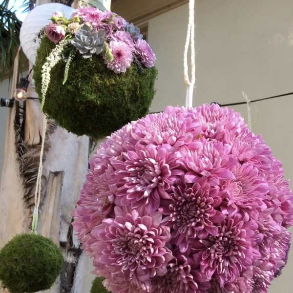 Hanging pink chrysanthemum spheres with moss-covered accents