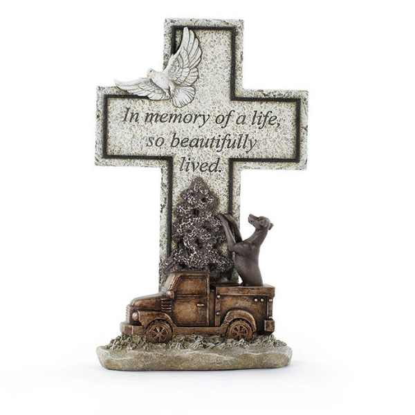 Memorial cross plaque with a dove and pickup truck figurine