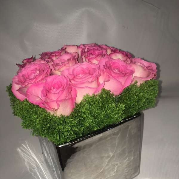 Pink roses arranged in a square silver vase with green moss